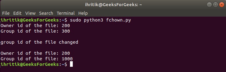 os.fchown() method terminal output
