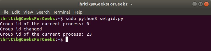 Setgid method terminal output