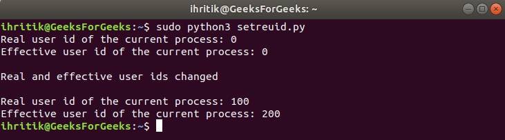 os.setreuid() method output