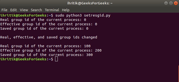 os.setresgid() method output
