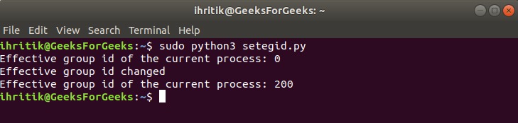 setegid method output