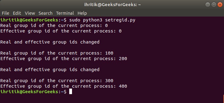 os.setregid() method output