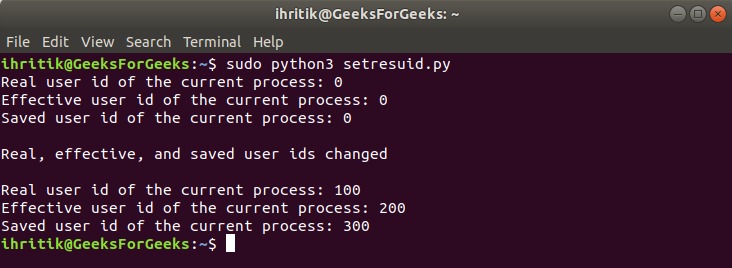 os.setresuid() method output 
