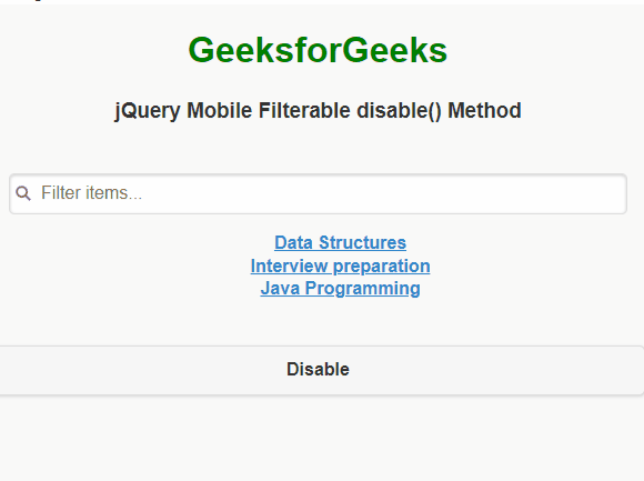 jQuery Mobile Filterable disable() Method
