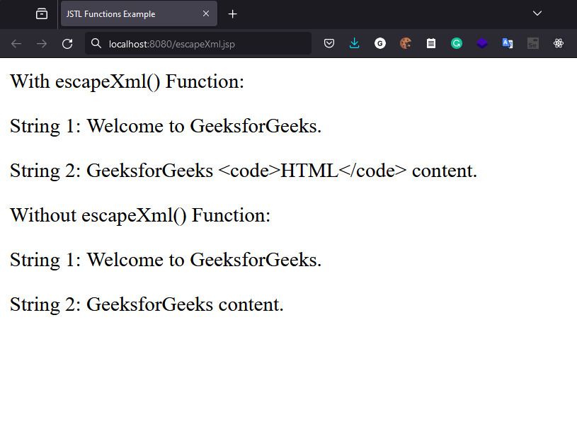 Output of Example of JSTL fn:escapeXml() Function