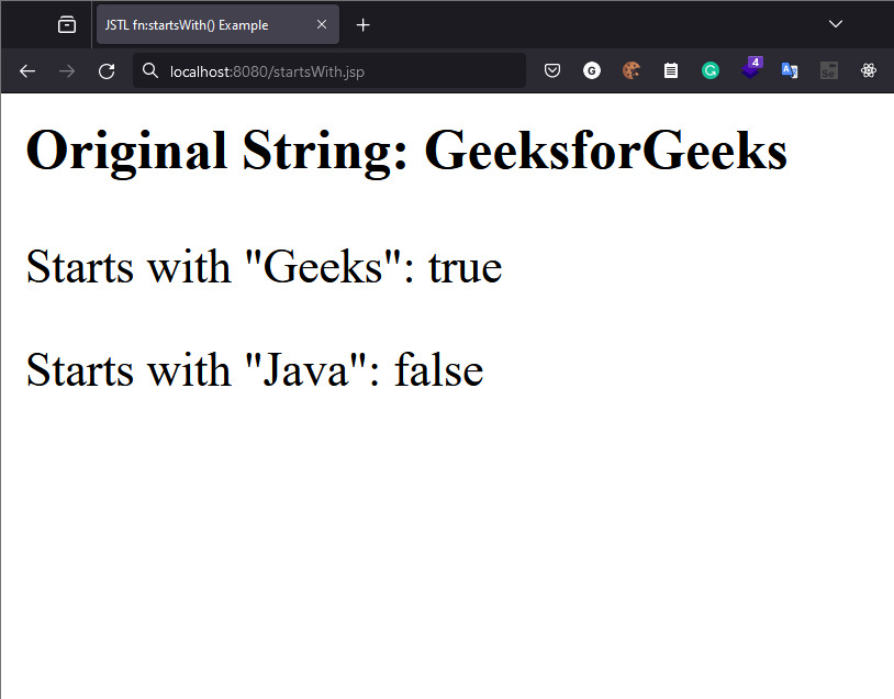 Output of JSTL fn:startsWith() Function Example
