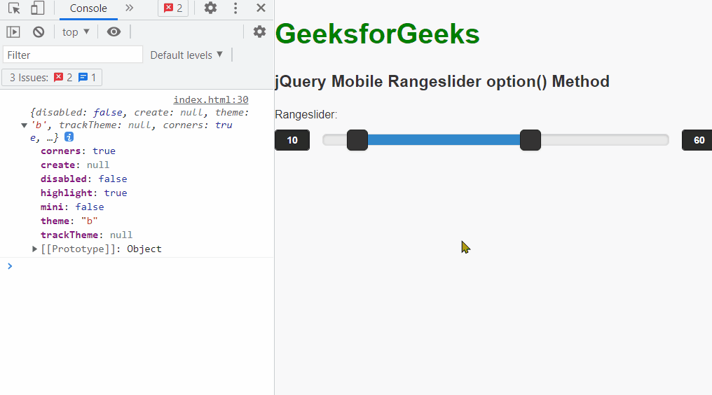 jQuery Mobile Rangeslider option() Method